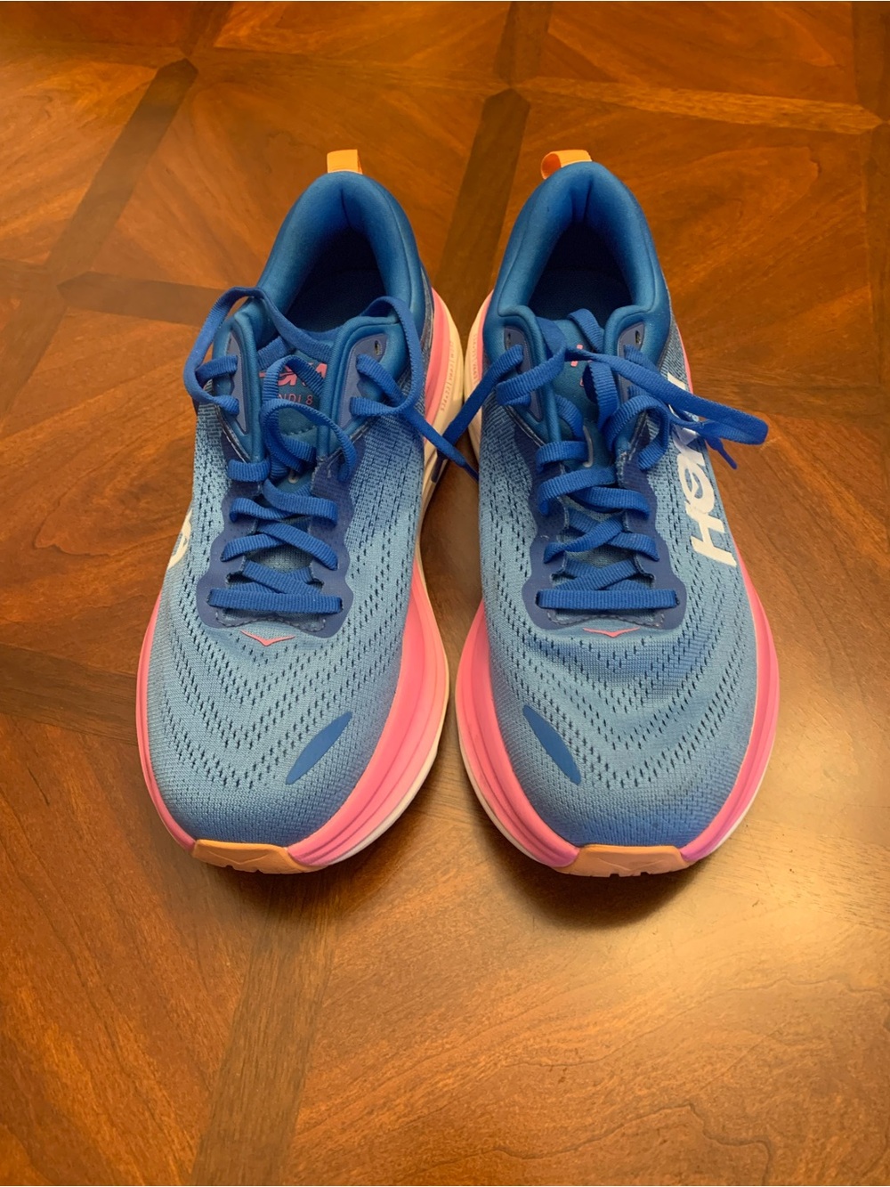 Hoka One One Bondi 8 Blue with Pink Accent Women's Running Shoes. Size 8.5B